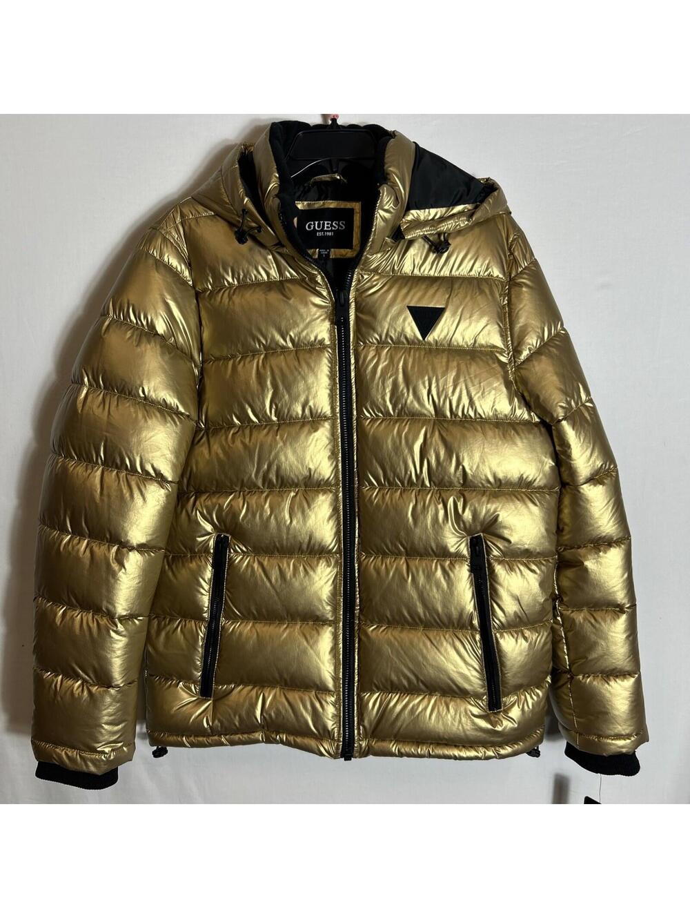 $150 Guess Men's Hooded Holographic Puffer Jacket, Created for Macy's - Gold